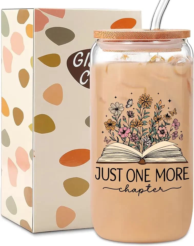 Just one more Chapter,Book Lovers Gifts for Women,Cute Book Birthday Christmas Gifts for Bookish Bookworms Readers Librarian Teacher Book Nerd Friends,16 oz Glass Cups with Lids and Straws