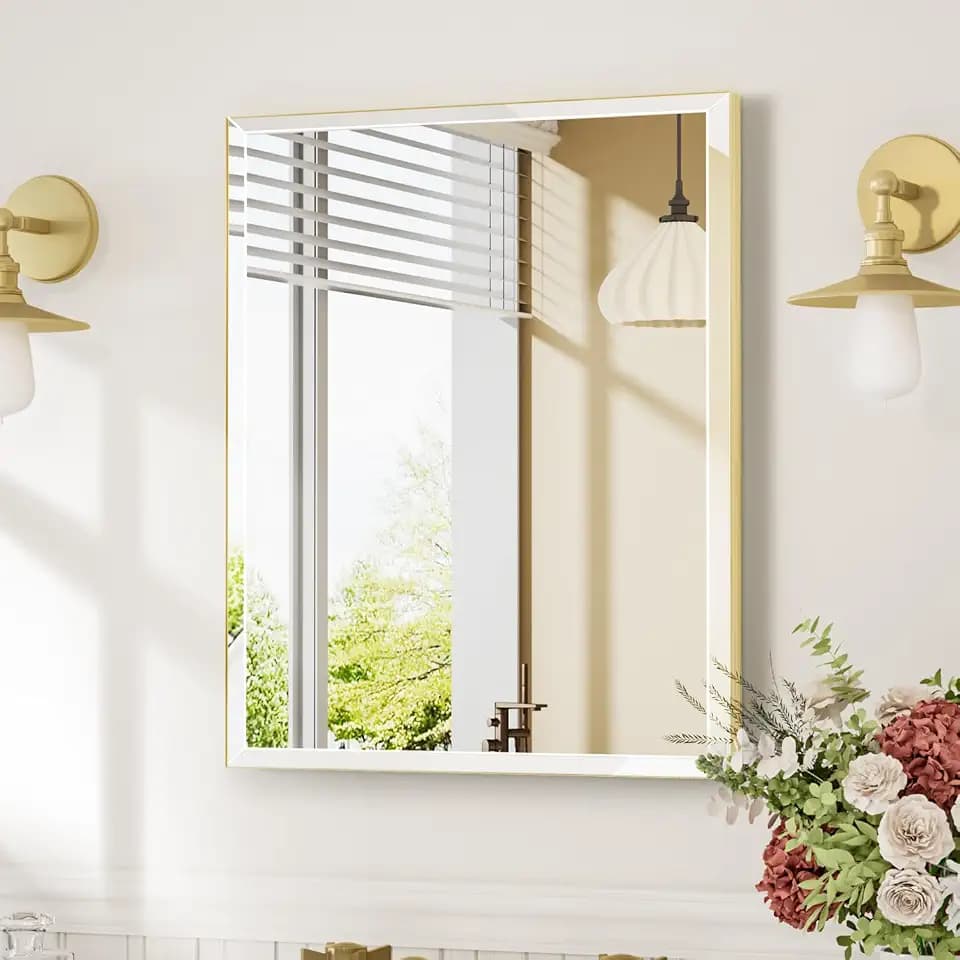 MZON 24x30 Bathroom Vanity Mirror for Wall with Beveled Edge, Ultra-Thin Metal Frame HD Mirror, Rectangular Wall Mounted Mirror for Bathroom Sink, Vertical or Horizontal, Gold