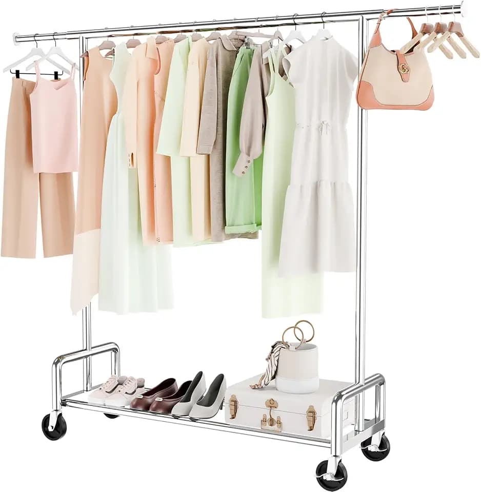 Simple Trending Rolling Clothes Rack, Heavy Duty Garment Rack, Chrome