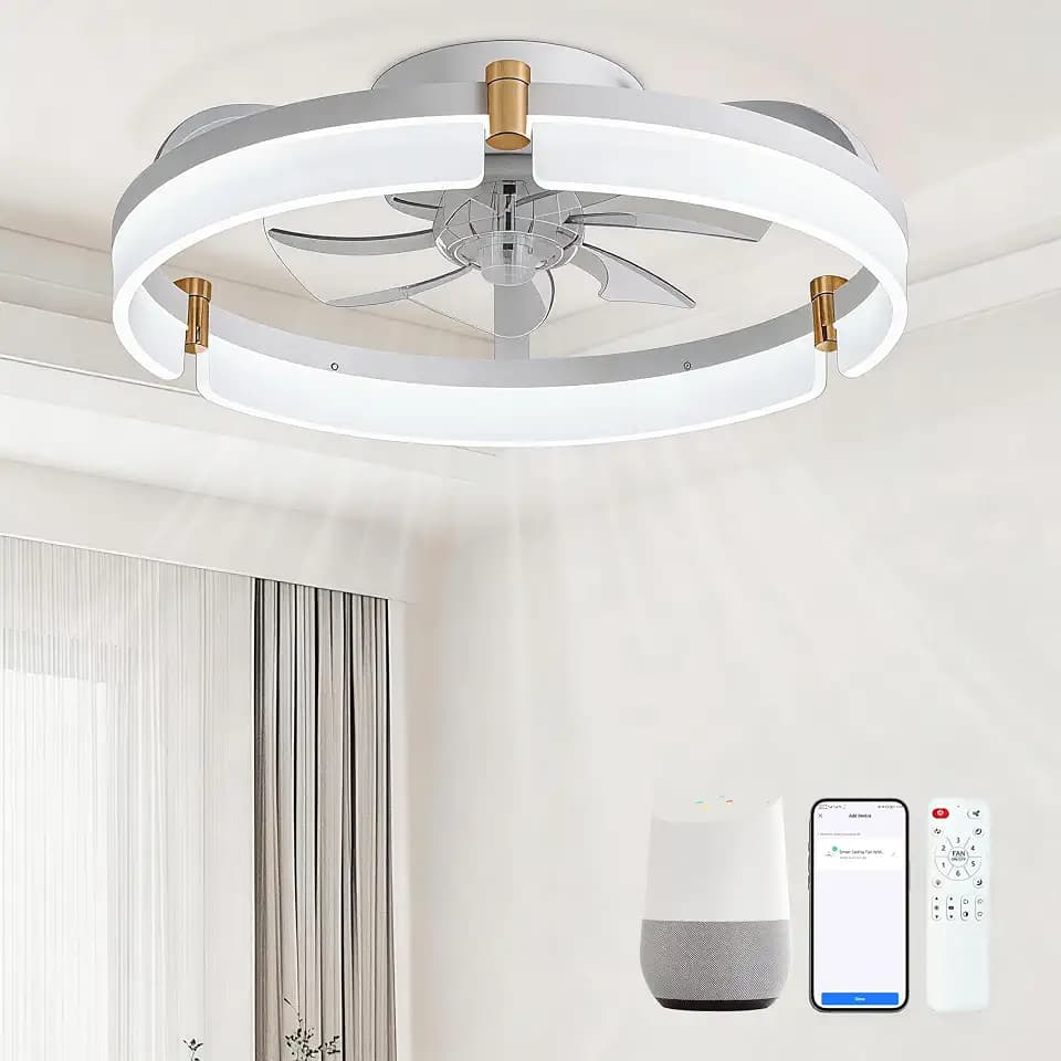Smart Ceiling Fans with Lights Remote - 20'' WiFi Alexa Flush Mount Low Profile Modern Ceiling Fans for Bedroom - Stepless Color Temperature and 6 Speeds - White