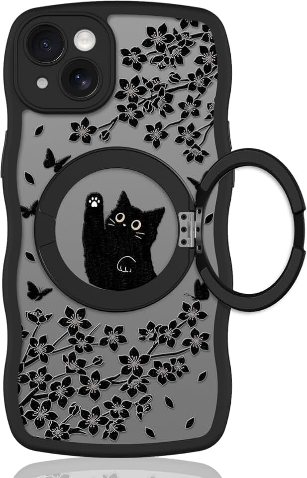 Wavy Case for iPhone 15 Plus Case with Stand, Cute Black Cat