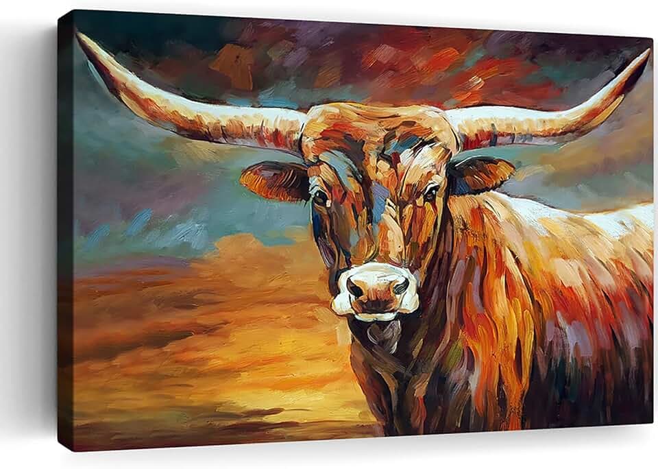SOULDOOR Cow Pictures Wall Decor Picture Of Texas Longhorn Print Bull Horn Picture Artwork Of Cows For Bedroom Living Room Framed Ready To Hang 16x24 Inch