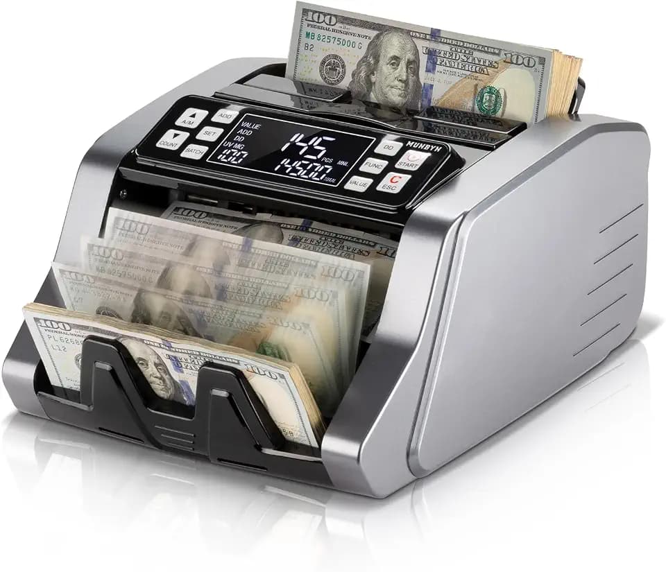 MUNBYN IMC20 Money Counter Machine with Value Count, UV/MG/IR/MT Counterfeit Detection for Dollar/Euro Bill Counter, Add/Batch/Value Mode Cash Counter, LED External Display, 2 Years Protect, Grey
