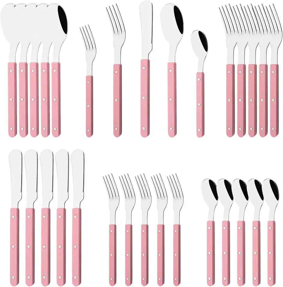 30 PCS Stainless Steel Flatware Set for 6, Silverware Set with Colored Handles, Retro Style Forks Spoons and Knives Set, Vintage Eating Utensils, Pink Acrylic Handle with Rivets Design