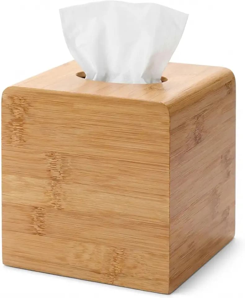Performore Square Bamboo Tissue Box Cover - Stylish Water-Resistant Wooden Facial Tissue Holder for Bathroom, Office Desk & Nightstand - Compact 6.3" x 5.51" x 5.51" Design