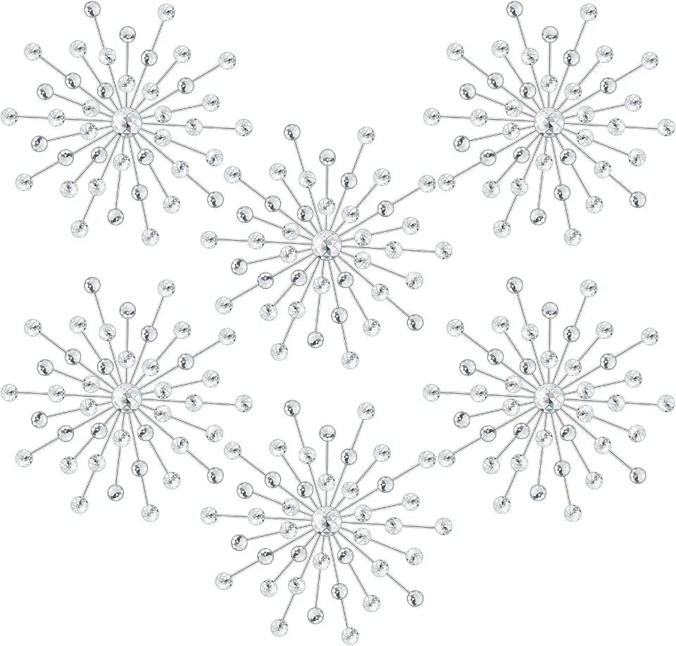 Barydat 6 Pcs Metal Starburst Wall Art Crystal 3D, 25cm, Silver