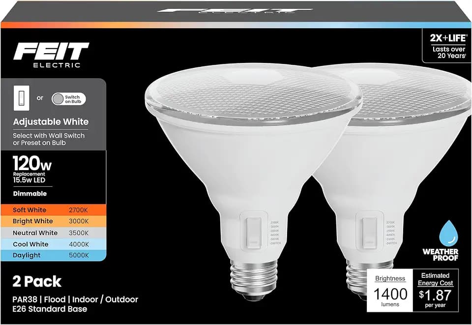 Feit Electric PAR38 LED Reflector Light Bulb, 120W Eq, 5CCT 6Way, 2 Pack
