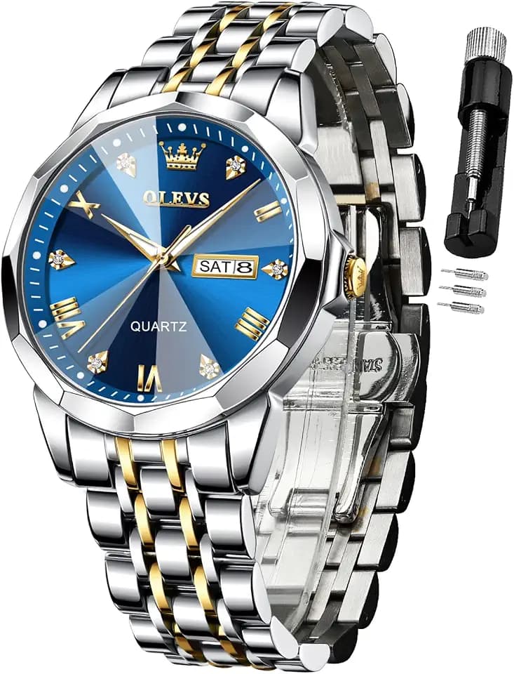 OLEVS Watch for Men Diamond Business Dress Analog Stainless Steel Waterproof Luminous Date Two Tone Luxury Casual Wrist Watch