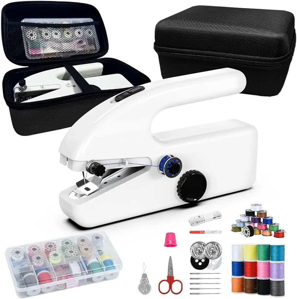 Unique sewing experience: Handheld sewing machine with storage box, portable package,mini sewing machine for travel, including various accessories and tools(white)