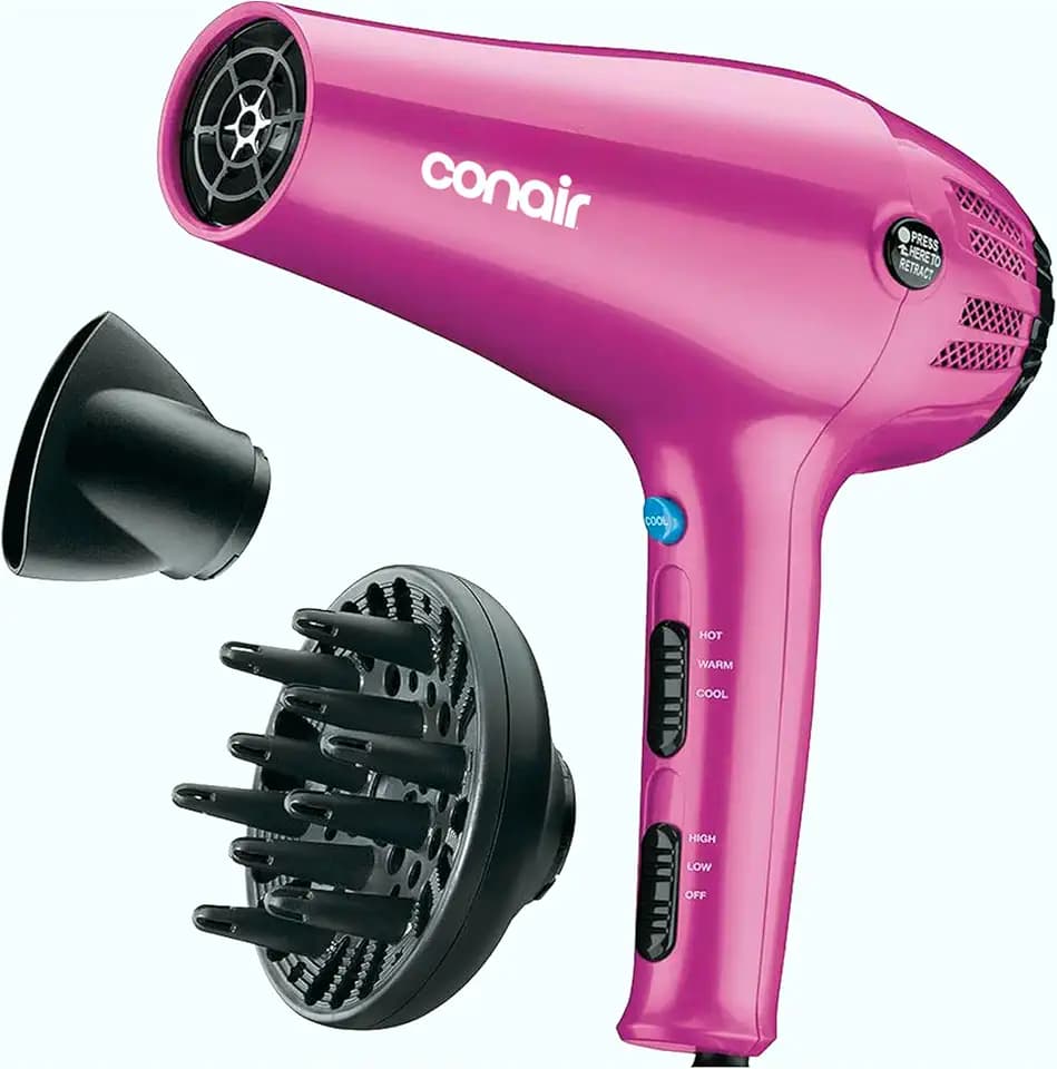 Conair Hair Dryer with Diffuser and Concentrator, 1875W, Pink