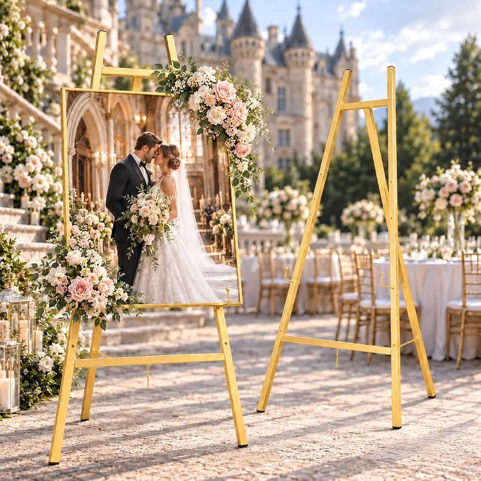 Gold Metal Easel Stand for Sign,Heavy Duty Art Easel with Adjustable Chain,Tripod Structure,4-Level Height—Easels for Wedding Welcome Sign Holder,Baby Shower Poster,Birthday Party,Posters