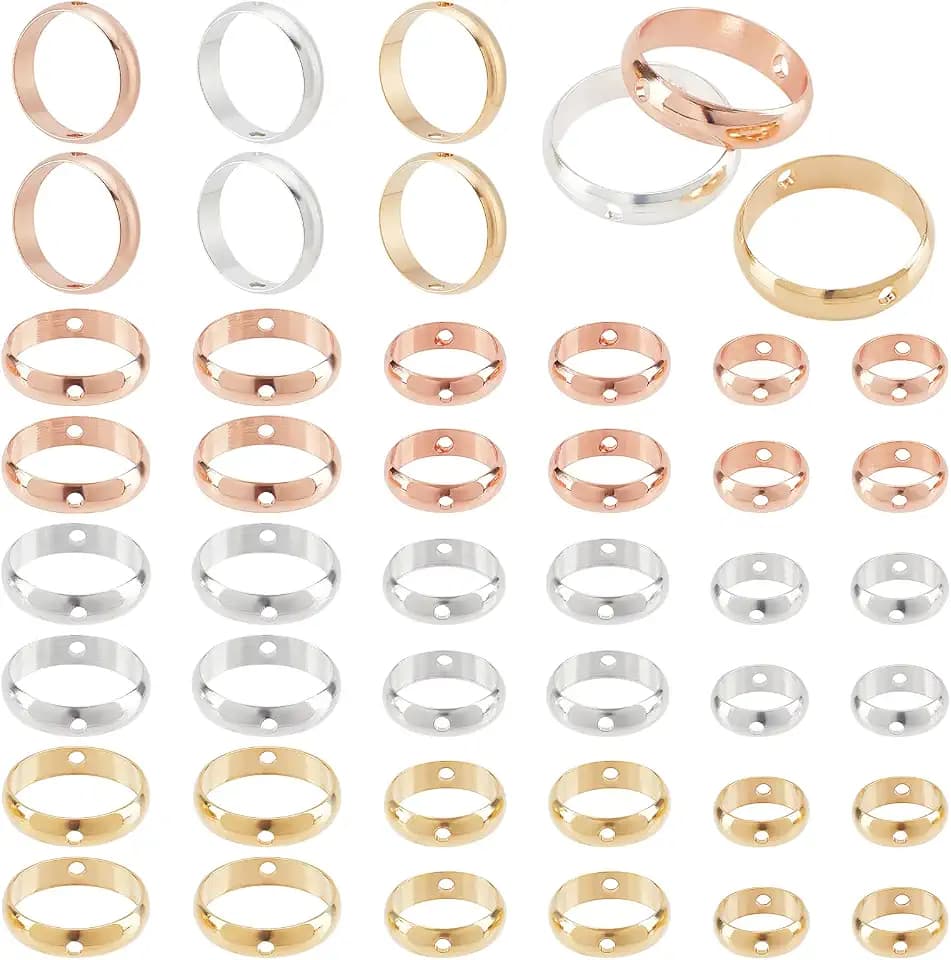PH PandaHall Circle Bead Frame 18K 24K Gold, 54pcs 3 Sizes Two Hole Frame Spacer Beads 8/10/12mm Brass Round Connector Ring for Beading Earring Bracelet Necklace Making, Gold/Silver/Rose Gold
