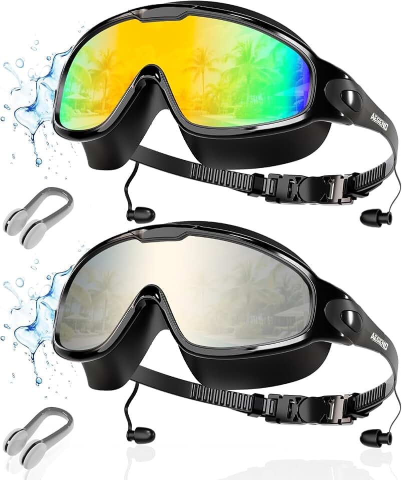 Aegend New Adult Wide View Swim Goggles, Anti-Fog/UV No Leak Swimming Goggles with Ear Plugs for Men & Women