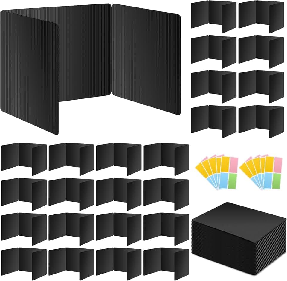 24 Pack Black Desk Dividers for Students, Privacy Shields Folder for Students, Durable & Waterproof Plastic Study Board, Classroom Teacher Supplies Test Divider, Includes 40pcs Extra Labels