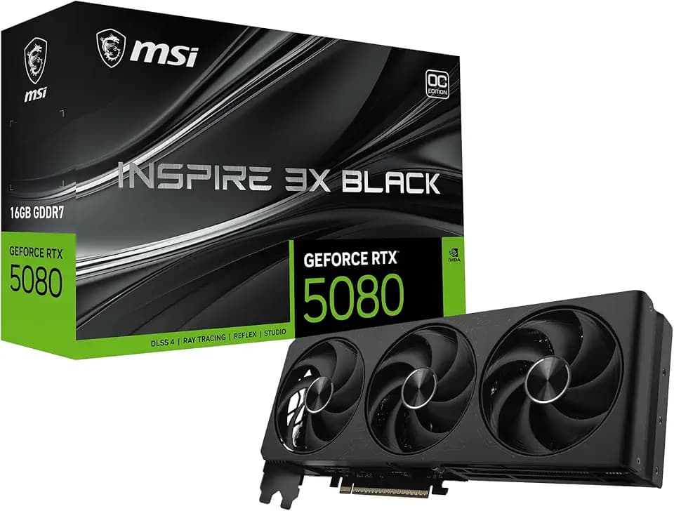 MSI GeForce RTX 5080 16G Inspire 3X OC Black - 16GB GDDR7 (30Gbps/256-bit), PCIe 5, Boost: 2640 MHz, HDMI 2.1b, DisplayPort 2.1b