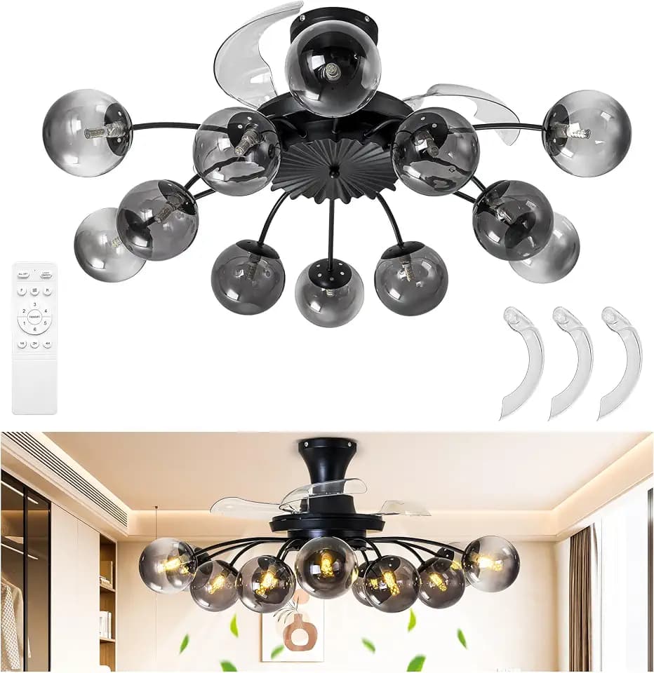 Black Sputnik Ceiling Fan with Light, 12-Light Smoked Glass Globe Lampshade