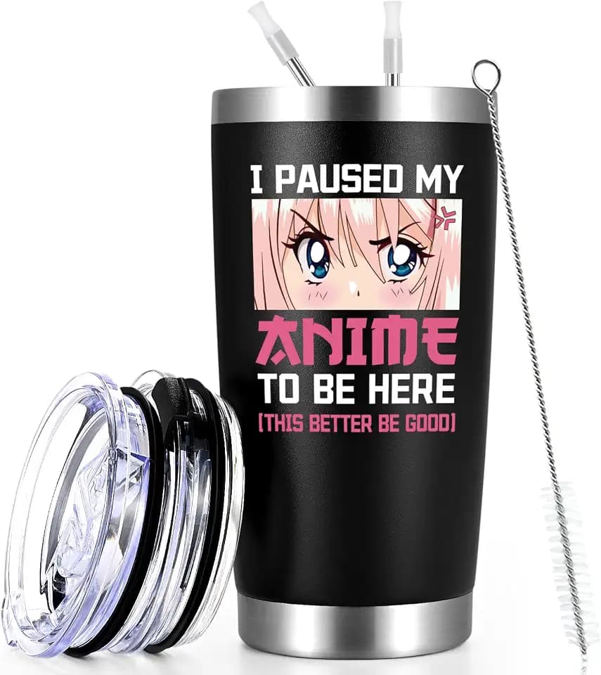 Qtencas Anime Gifts For Anime Lovers, Anime Stuff I Paused My Anime To Be Here Travel Tumbler, 20oz Stainless Steel Travel Tumblers, Birthday Christmas Gifts for Anime Lovers Men Women, Black