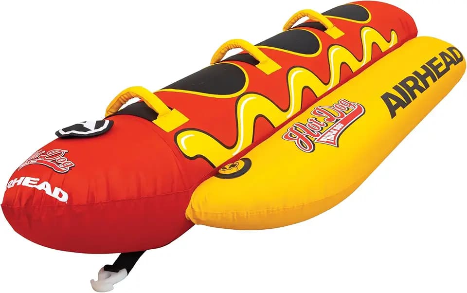 Airhead Hot Dog Towable Tube for Boating, 1-5 Rider Inflatable Boat Tube for Water Tubing, Full Nylon Cover, EVA Padding, Foam Padded Handles w/Neoprene Knuckle Guard, Speed Safety Valve