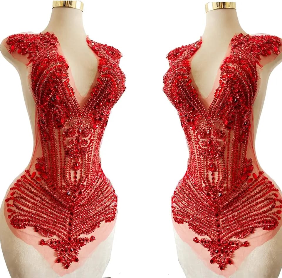 100% Handmade Rhinestones Applique on White net sew on Beads Crystal Patches Accessory for Dress Clothes (Red 2)