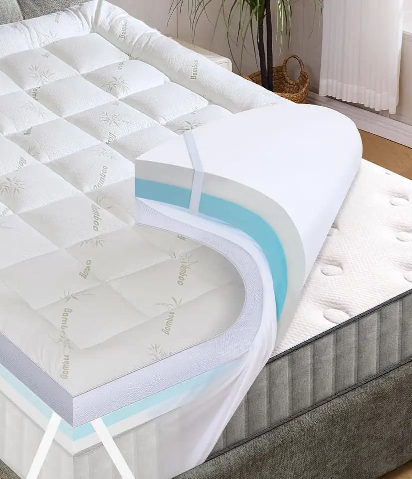 Fracho 4 Inch Memory Foam Mattress Topper, Dual Layer Design with 2" Bamboo Rayon Pillow Top & 2" Cooling Gel Memory Foam,Green-Queen