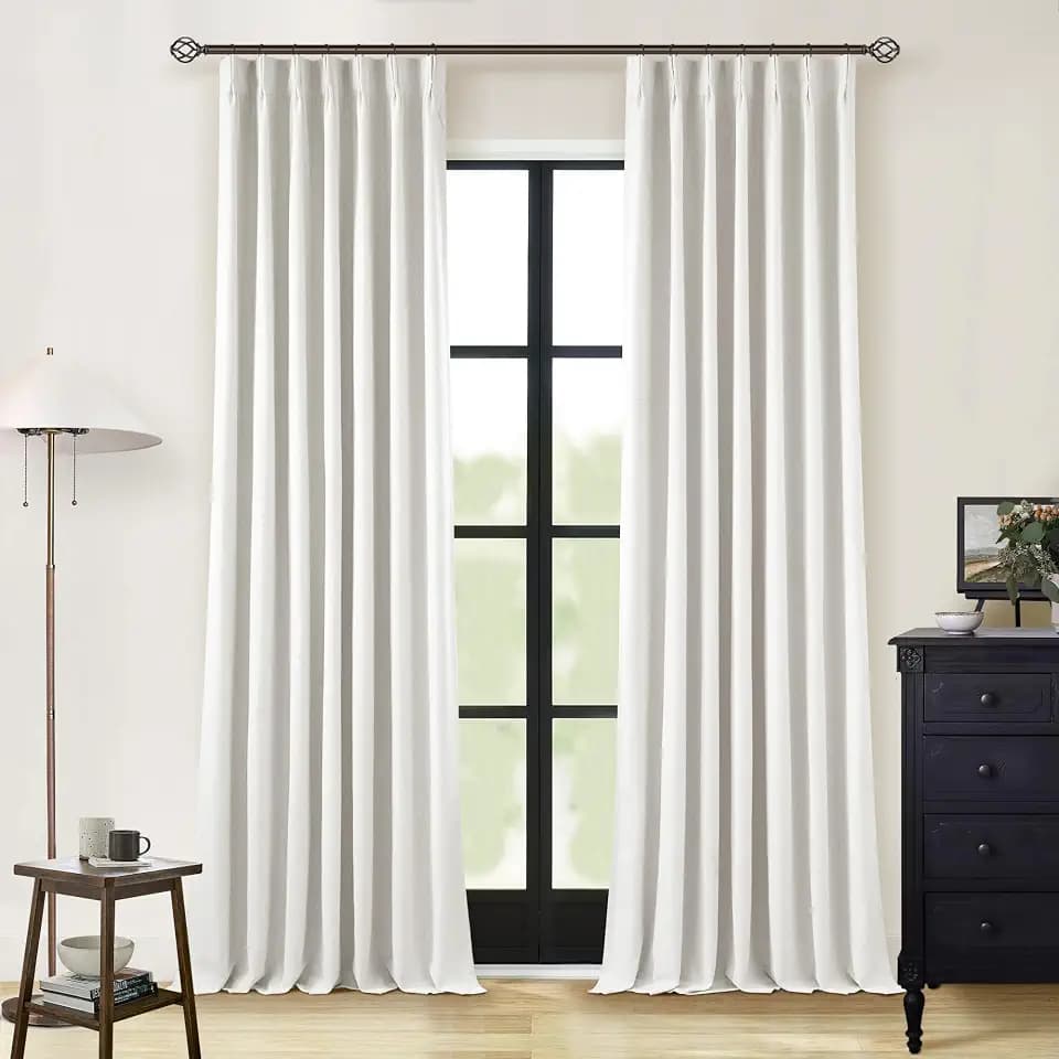 Linen Blackout Curtains 108 Inch Long 2 Panels Pinch Pleated Beige White