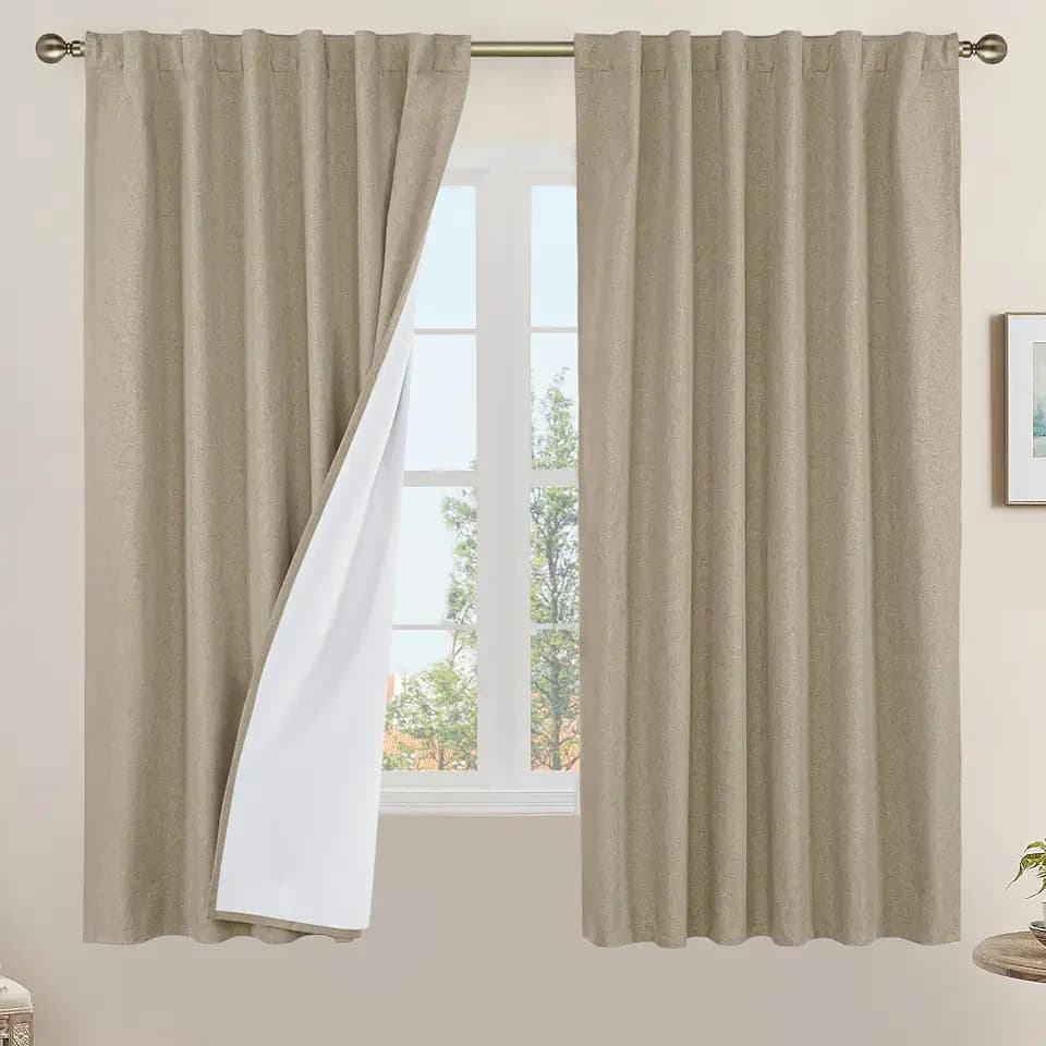 LAMIT 100% Blackout Natural Linen Curtains 63 Inches for Bedroom 2 Panels
