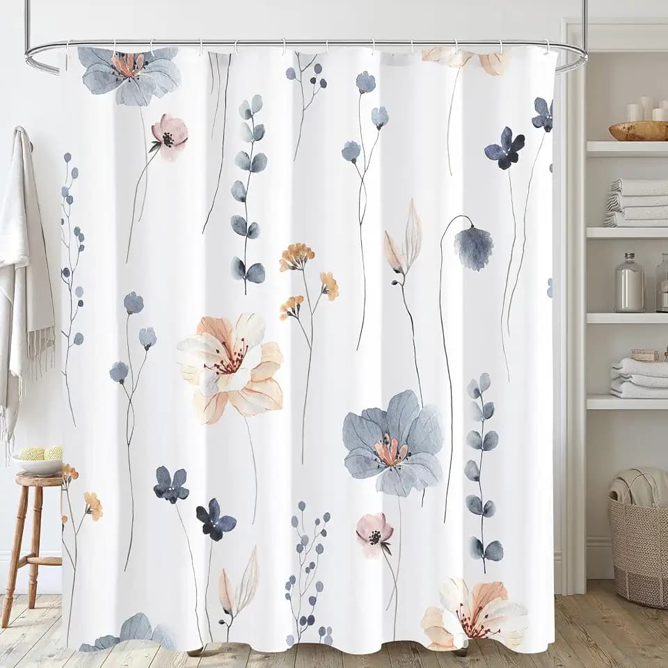 Gibelle Blue Beige Watercolor Floral Fabric Shower Curtain, 72x72