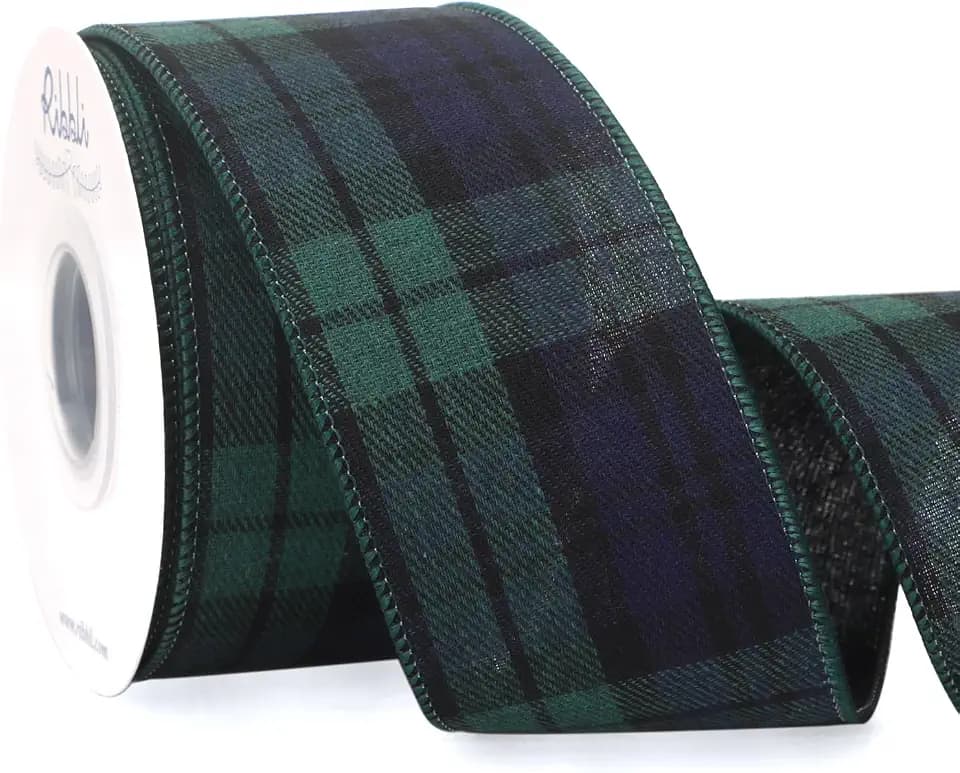 Ribbli Christmas Plaid Wired Ribbon, Black Watch Tartan Scottish Plaid Ribbon 2-1/2 Inch x Continuous 10 Yard, Christmas Ribbon for Gift Wrapping, Big Bow, Wreath-Blue/Green
