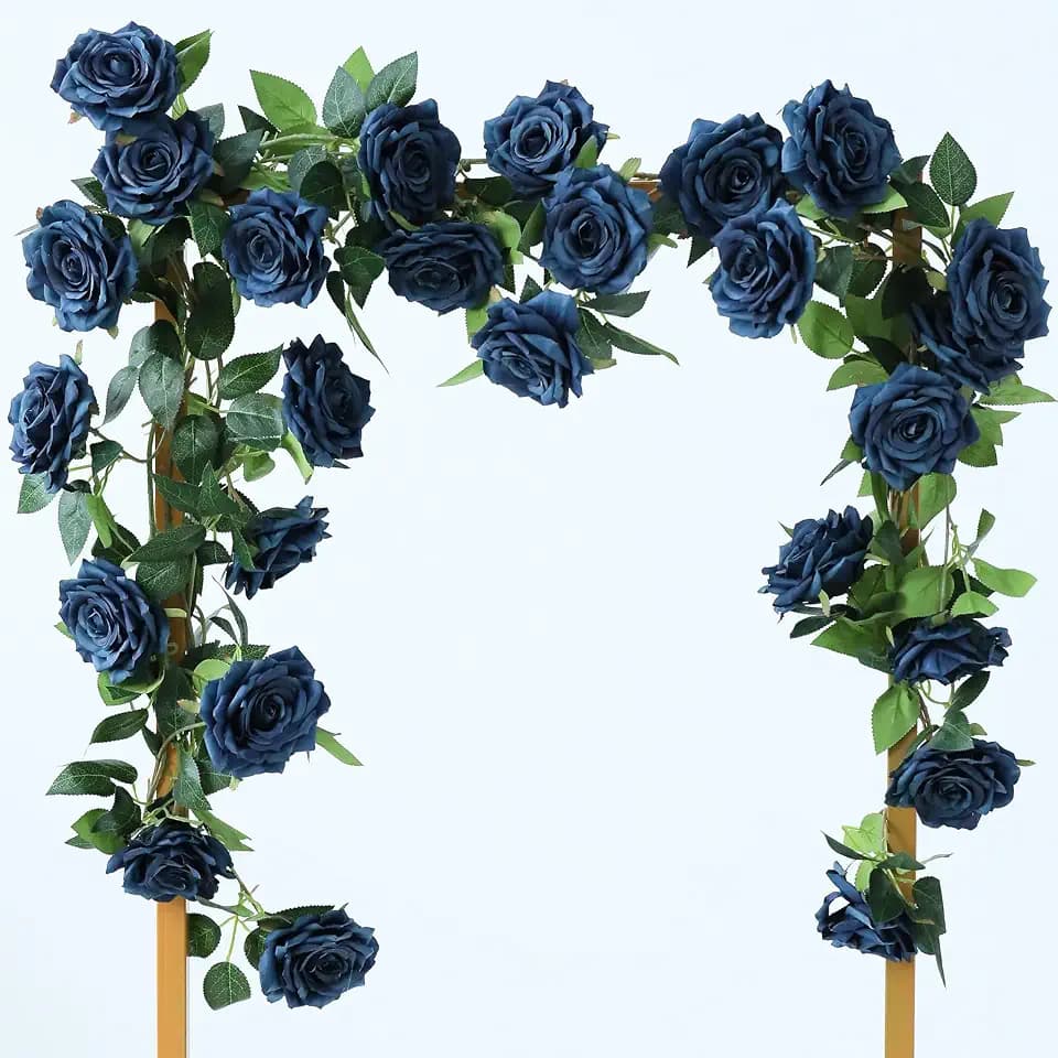 Dallisten 2 Strands 73'' Artificial Silk Rose Flower Vines Garland, Fake Roses Floral Green Leaves Hanging Plant for Wedding Arrangement Decoration, Wall, Party, Bedroom, Home Decor (Blue)