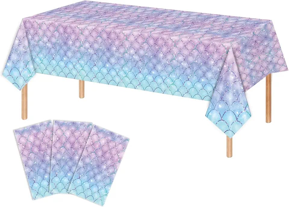 3PCS Mermaid Tablecloth for Girls 1st 2nd Birthday Party Under the Sea Princess Themed Table Cover for Baby Shower First Decorations Rectangle Table Cover-54x108in