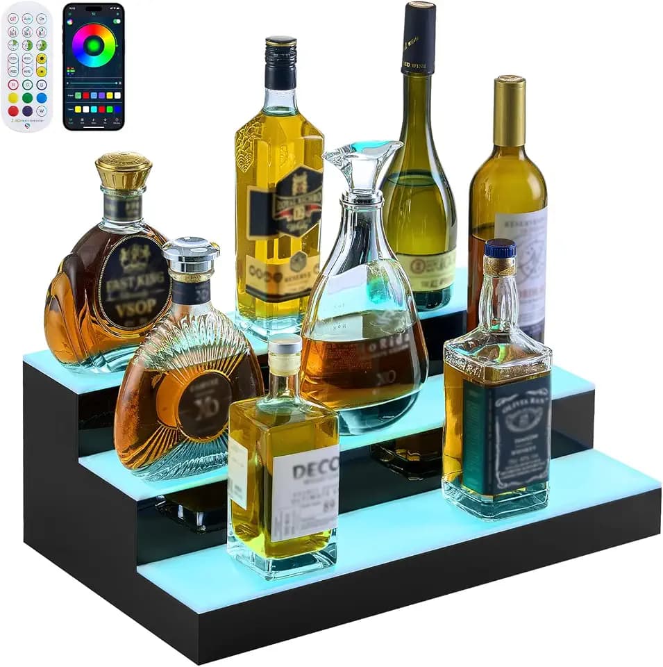 VEVOR LED Lighted Liquor Bottle Display, 3 Tiers 20 Inches Whiskey Rack, Supports USB, Illuminated Home Bar Shelf with RF Remote & App Control, 9 Static Colors, Acrylic Lighted Shelf for 15 Bottles