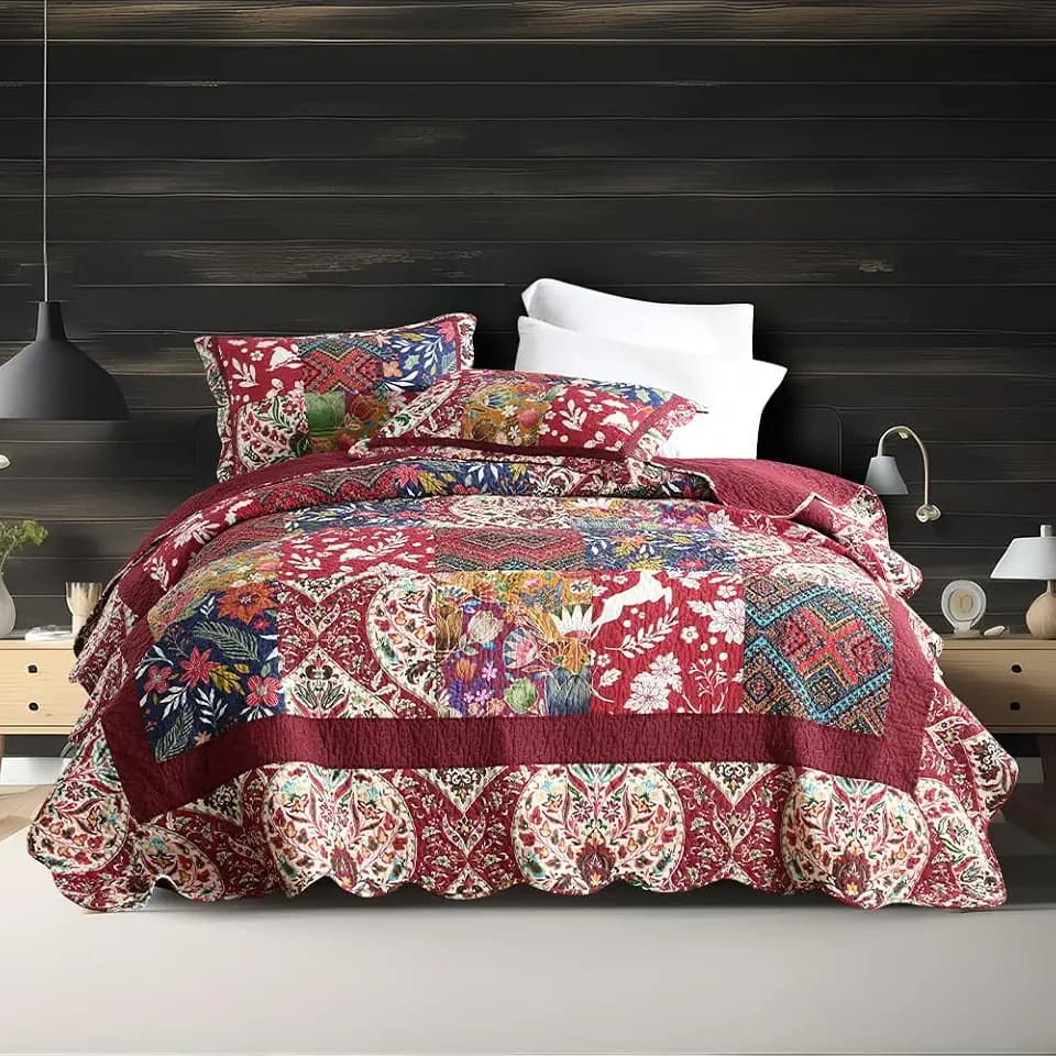 ENASAL Cotton Bedspread Quilt Sets with 2 Shams, Soft Reversible Bedding Coverlet Sets Lightweight Comforters, Vintage Luxury Patchwork Quilt for All Season, Burgundy Damask Floral, Queen Size