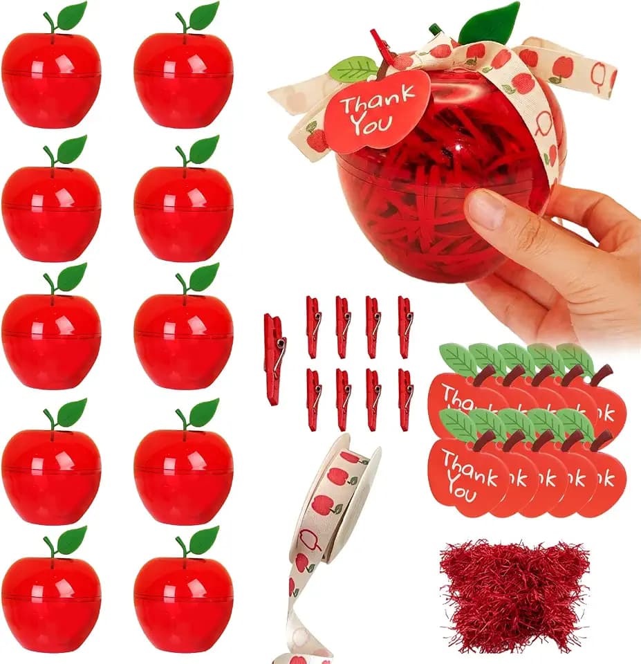 10 Sets Large Plastic Apple Containers for Teacher Appreciation Gifts – Red Apple Shaped Candy Jar with Thank You Cards, Apple Ribbon Raffia for Teacher Appreciation Week & Graduation Party Decoration