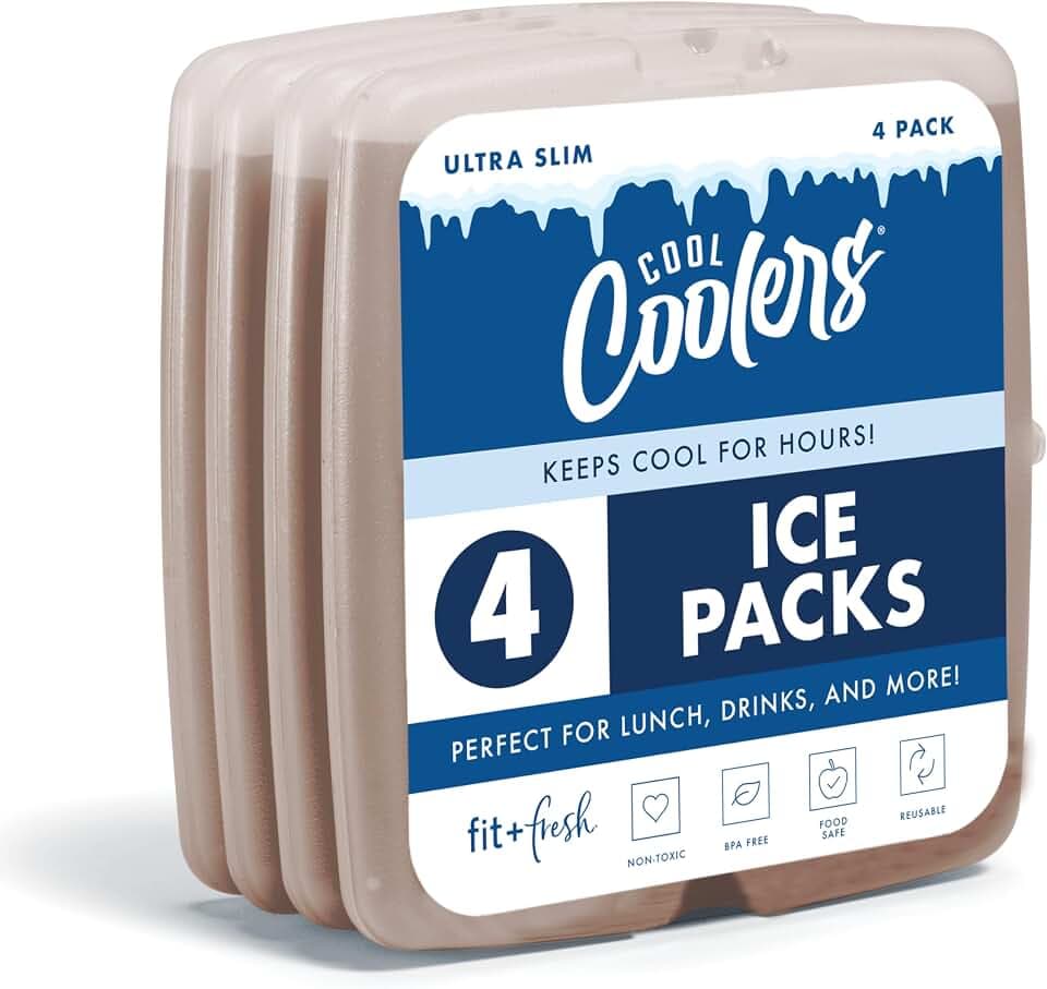 Cool Coolers by Fit & Fresh Slim Ice Packs, Quick Freeze Reusable Ice Packs for Lunch Boxes & Coolers, Long-Lasting, Space Saving Lunch Ice Packs, Blue, 4Pk