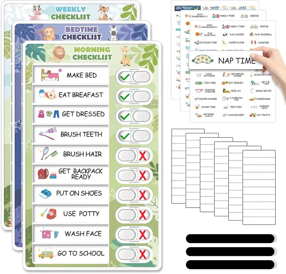 3 in 1 Bedtime/Morning/Weekly Zoo Routine Chart for Kids, Magnetic Chore Chart for Toddlers, Visual Schedule for Kids Toddlers Schedule Board for Home