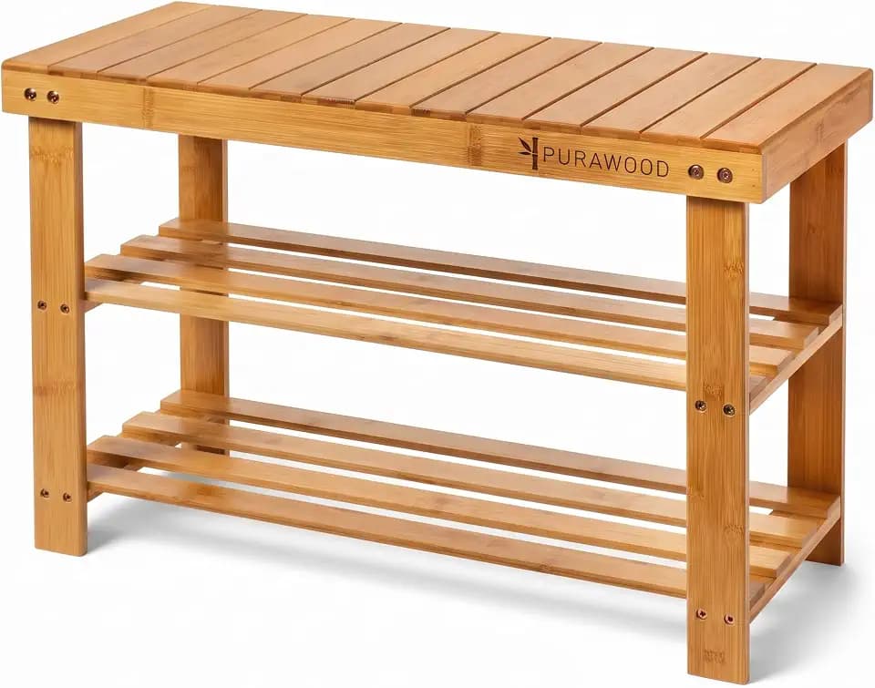 Purawood Bamboo 3 Tier Shoe Rack Bench, Premium Shoe Organizer or Entryway Bench, Perfect for Shoe Cubby, Entry Bench, Bathroom Bench, Entryway Organizer, Hallway or Living Room