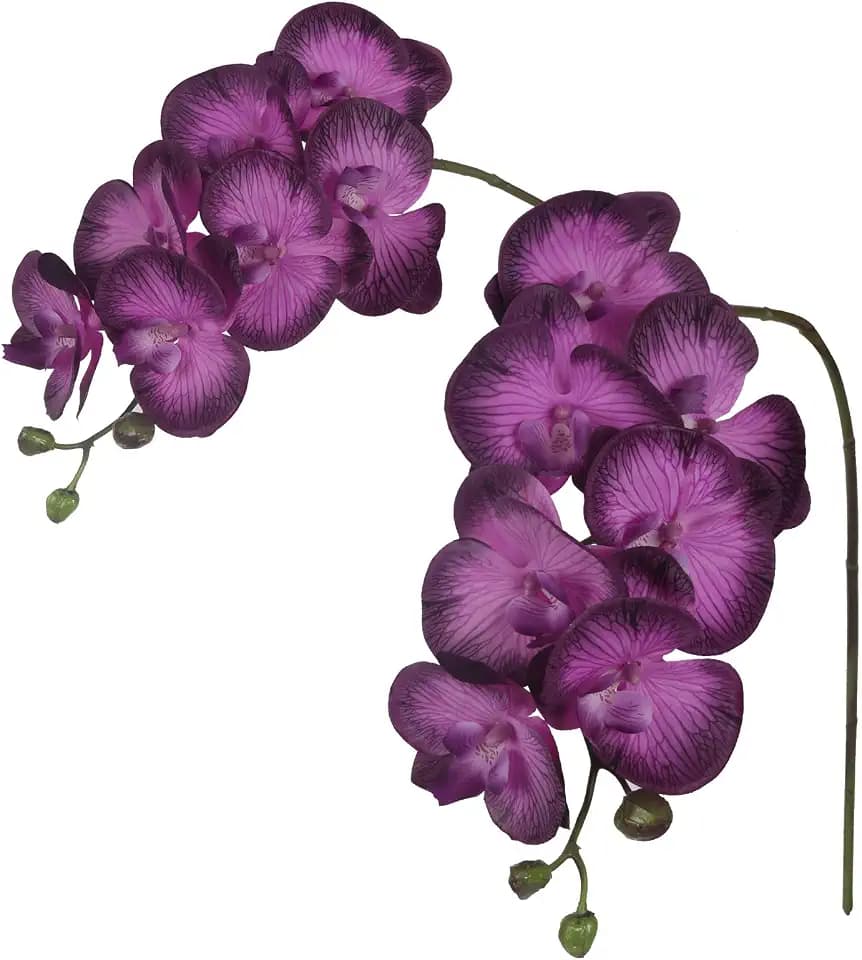 IPOPU Dark Purple Orchid Artificial Flowers 34.3" Real Touch Fake Orchid Latex Purple Flowers Phalaenopsis Branches for Home Party Wedding Bridal Shower Decoration, 2pcs Dark Purple