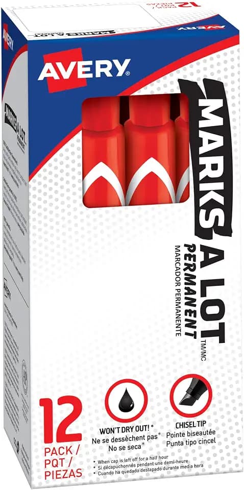Avery Marks A Lot Permanent Markers, Chisel Tip, Red, 12 Red Markers