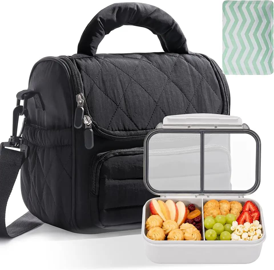 HASHMUST Lunch Bag for Women Adults, Portable Insulated Puffer Lunch Tote Bag, Reusable Leakproof Lunch Box Cooler with Handles For Work Picnic Travel Trip (A Black Set)