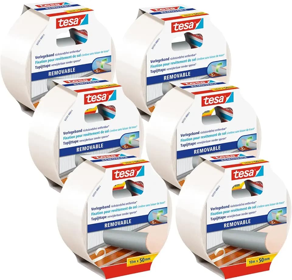 tesa Verlegeband rückstandsfrei entfernbar - 6er Pack - 10 m x 50 mm | Gewebeverstärktes - doppelseitiges Klebeband zum Verkleben von Teppich - und PVC-Bodenbelägen