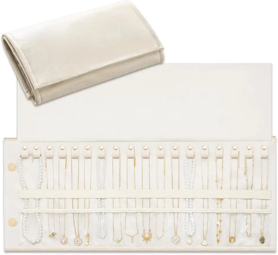 Lolalet Travel Necklace Organizer, Foldable Jewelry Case, Beige, 18 Slots