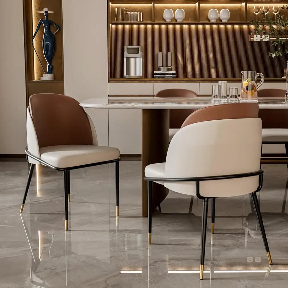 Wisfor Dining Chairs Set of 2: Faux Leather Upholstered Makeup Chair with Arched Backrest - Armless Vanity Chairs with Metal Legs for Kitchen Living Room Bedroom (Reddish Brown and Beige)