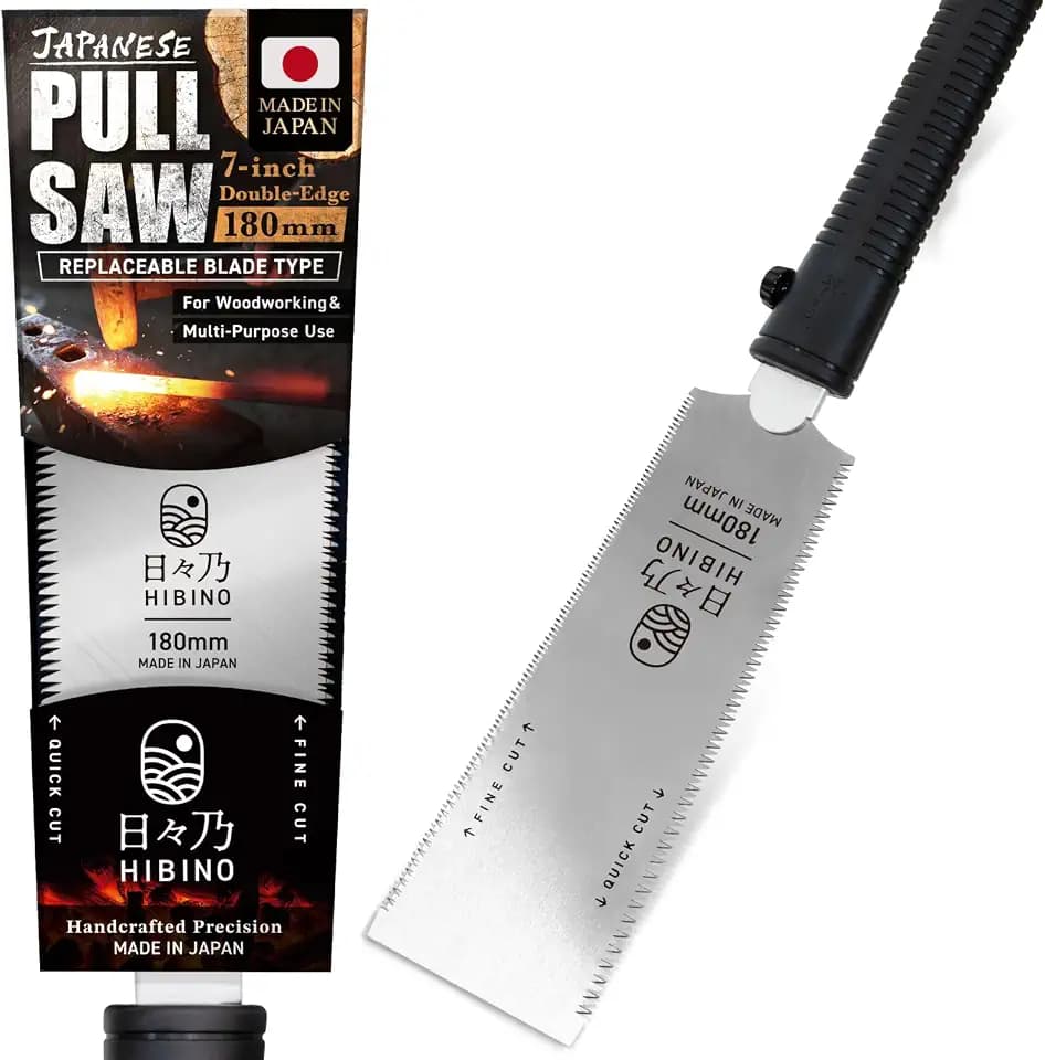 HIBINO Japanese Pull Saw 7 Inch Ryoba | Made in Japan | Double Edge 12/17 TPI Rip & Crosscut Blade | Compact Handsaw for Precision Woodworking, Joinery & Dovetails | Replaceable Blade