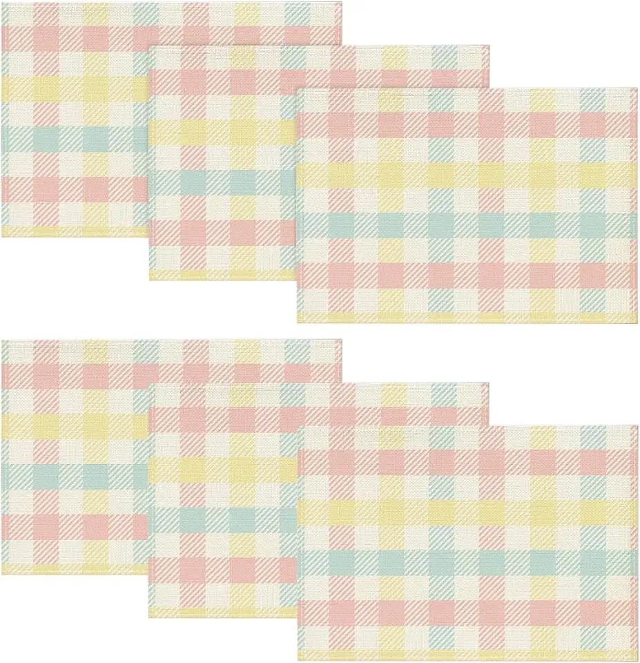 Artoid Mode Blue Pink Yellow Buffalo Plaid Placemats Set of 6, 12x18 Inch Seasonal Easter Table Mats for Party Kitchen Dining Decoration