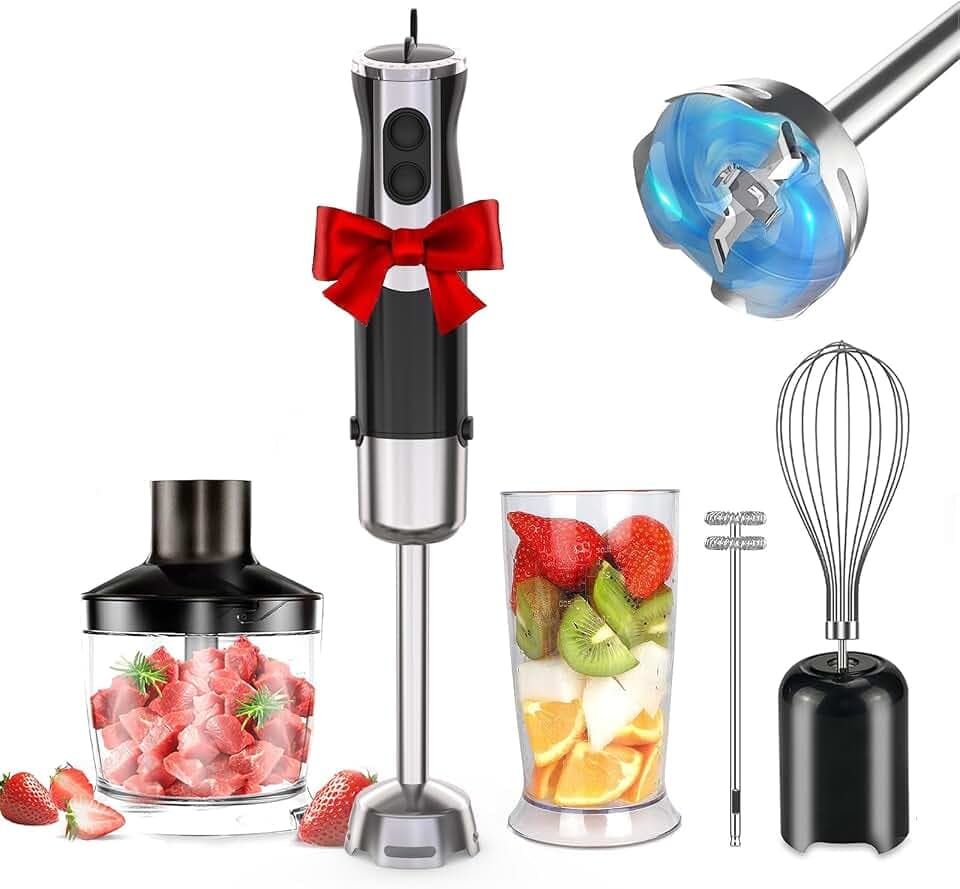 Immersion Hand Blender, 1000w,12 Speed &Turbo Mode, 5-in-1 Copper Motor Immersion Blender,Stainless Steel Handhled Blender with 500ml Chopper,600ml Mixing Beaker,Milk Frother,Whisk (black)