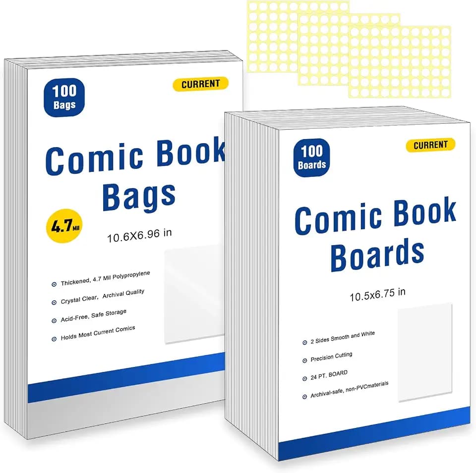 100ct Current Comic Book Bags and Boards-Reusable Boards,Bags 4.7 Mil Acid-Free Crystal Clear,100 Comic Book Sleeves and 100 Thick Comic Book Boards,Archival Quality,Applicable to Most Comic Books