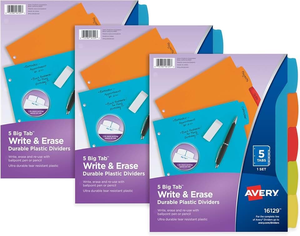 Avery Write & Erase Plastic Dividers, 5-Tab, Multicolor, 3 Sets