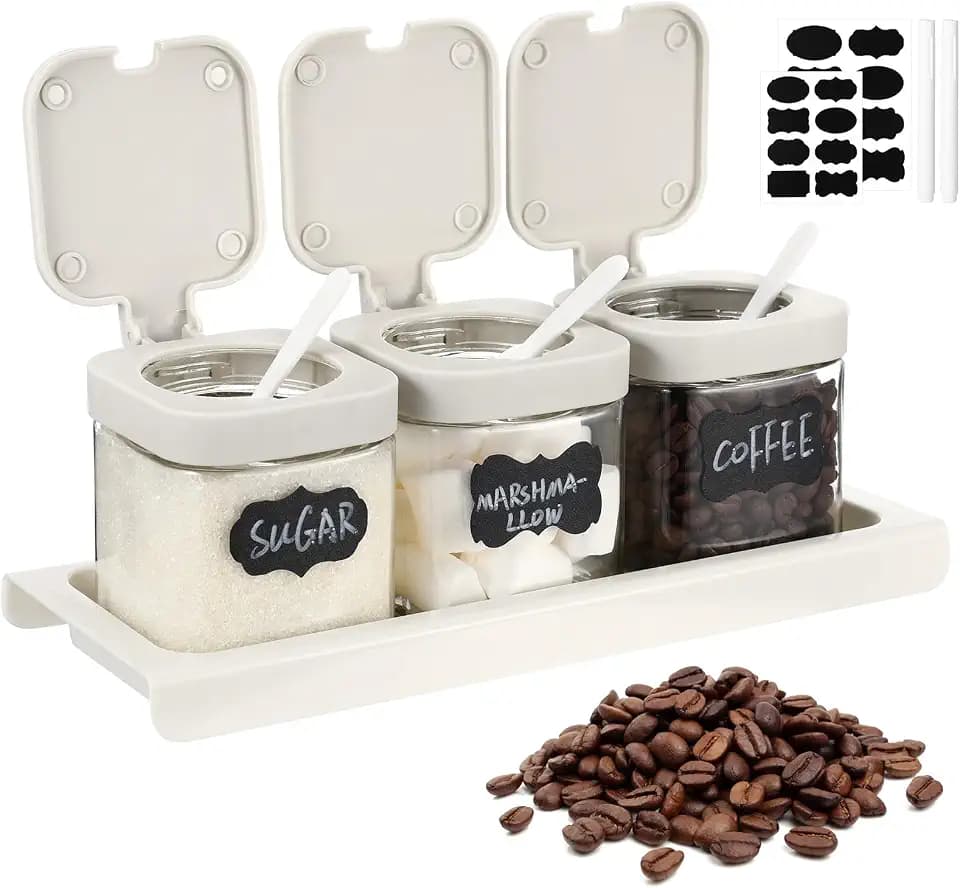 Suclain 3 Pcs Glass Coffee Container with Shelf, Labels Base Pen, White