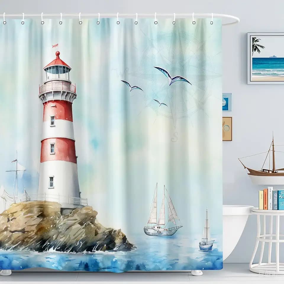 Nautical Lighthouse Shower Curtain, Coastal Beach Sailboat Shower Curtain Set Antiqua Teal Decor, Lake Seascape Abstract Shower Curtain Bathroom Fabric Machine Washable with Hooks, 72 x 72 Inches