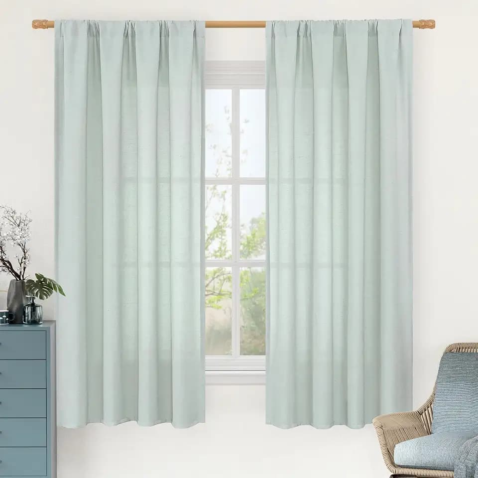 LAMIT Light Filtering Linen Curtains 63 Inch Length for Bedroom, Light Blue